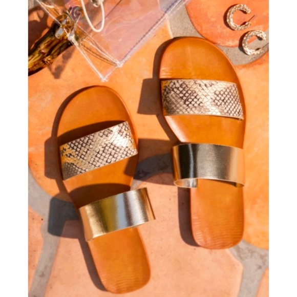 BAMBOO Shoes - Double Strap Gold & Snake Print Sandals